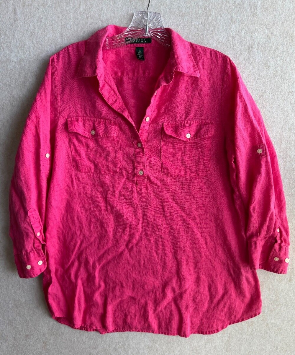 Lauren Ralph Lauren Women M 100% Linen Tunic Shirt Hot Pink Roll Tab Sleeve